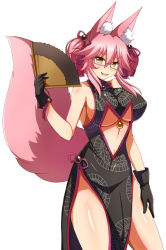 Rule 34 | 1girl, afuro, animal ear fluff, animal ears, bare shoulders, black gloves, breasts, china dress, chinese clothes, collarbone, dress, fang, fate/grand order, fate (series), fox ears, fox girl, fox tail, glasses, gloves, hair ornament, hair ribbon, koyanskaya (chinese lostbelt outfit) (fate), koyanskaya (fate), large breasts, looking at viewer, open mouth, pink hair, ribbon, simple background, smile, solo, tail, tamamo (fate), underboob, white background, yellow eyes