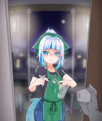 Rule 34 | 1girl, apron, bloop (gawr gura), city lights, cup, disposable cup, door, doorway, gawr gura, green apron, highres, holding, holding cup, holding marker, hololive, hololive english, marker, meme, moral cacoethes, pants, ponytail, pov doorway, shirt, starbucks, virtual youtuber