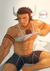 Rule 34 | 1boy, :d, abs, absurdres, animal ears, bara, bike shorts, black shorts, blush, brown hair, bulge, chest hair, clothes lift, covered erect nipples, cow boy, cow ears, cow horns, dark-skinned male, dark skin, facial hair, foot out of frame, goatee, green eyes, highres, horns, large pectorals, long sideburns, looking at viewer, maize-sausage, male focus, mature male, muscular, muscular male, navel, nipples, on bed, open mouth, original, pectorals, seductive smile, see-through, selfie, shirt lift, short hair, shorts, sideburns, sitting, smile, solo, stomach, tank top, thick thighs, thighs, underpec, virtual youtuber, white tank top