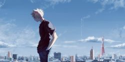 Rule 34 | 10s, 1boy, bakugou katsuki, black shirt, blonde hair, blue pants, boku no hero academia, city, cityscape, clenched teeth, cloud, covered eyes, day, denim, errro, from side, hands in pockets, highres, jeans, male focus, pants, real world location, scenery, shirt, sky, solo, spiked hair, t-shirt, teeth, tokyo (city), tokyo tower