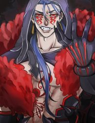 Rule 34 | 0 na no 0, 1boy, angry, blue hair, bodypaint, claws, cu chulainn (fate), cu chulainn alter (fate), dark blue hair, dark persona, detached hood, earrings, elbow gloves, facepaint, fangs, fate/grand order, fate (series), gloves, grin, highres, hood, hood up, jewelry, long hair, looking at viewer, male focus, monster boy, muscular, muscular male, ponytail, red eyes, sharp teeth, slit pupils, smile, solo, spikes, teeth, topless male