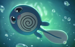 Rule 34 | air bubble, black eyes, bright pupils, bubble, commentary request, creatures (company), from below, full body, game freak, gen 1 pokemon, looking down, naoki eguchi, nintendo, no humans, parted lips, pokemon, pokemon (creature), poliwag, solo, underwater, white pupils