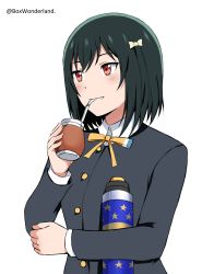 Rule 34 | absurdres, black jacket, blazer, blouse, blush, bow, box wonderland, buttons, closed mouth, commentary, drinking, drinking straw, english commentary, eyebrows, eyelashes, fang, green hair, hair ribbon, hand up, highres, holding mate, holding thermos, jacket, long sleeves, looking away, love live!, love live! nijigasaki high school idol club, mate, mifune shioriko, neck ribbon, nijigasaki school uniform, red eyes, ribbon, school uniform, shirt, short hair, solo, thermos, white shirt, wing collar, yellow bow, yellow ribbon
