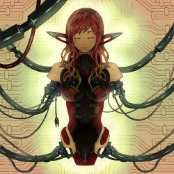 Rule 34 | 1girl, amputee, android, cable, electric plug, closed eyes, hanging, kuzuno ha, long hair, mechanical parts, phantasy star, phantasy star online 2, pointy ears, quadruple amputee, red hair, rose series, solo, wavy hair