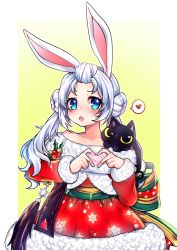 Rule 34 | 1girl, :o, animal ears, bare shoulders, black cat, blade &amp; soul, blue eyes, blush, cat, double bun, dress, fur trim, hair bun, hair pulled back, heart, heart hands, long hair, looking at viewer, lyn (blade &amp; soul), mistletoe, obi, open mouth, osiimi, parted bangs, rabbit ears, red dress, red skirt, ribbon, sash, simple background, skirt, smile, snowflake print, solo, spoken heart, teeth, two side up, upper teeth only, white hair, yellow background