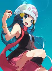 Rule 34 | 1girl, beanie, black socks, blue eyes, blue hair, boots, bracelet, commentary, copyright name, creatures (company), dawn (pokemon), eyelashes, fumi t204, game freak, hair ornament, hairclip, hand up, hat, holding, holding poke ball, jewelry, long hair, long scarf, looking at viewer, nintendo, open mouth, pink footwear, pink skirt, poke ball, poke ball (basic), pokemon, pokemon (anime), pokemon dppt (anime), red scarf, scarf, shirt, skirt, sleeveless, sleeveless shirt, smile, socks, solo, tongue, white hat