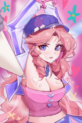 Rule 34 | 1girl, absurdres, arms up, bead necklace, beads, breasts, caitlyn (league of legends), cleavage, cream, cropped jacket, heartthrob caitlyn, highres, jacket, jewelry, large breasts, league of legends, long hair, necklace, official alternate costume, open clothes, open jacket, pink shirt, purple headwear, shirt, solo, teeth, thedistantdawn