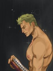 Rule 34 | 1boy, bara, crowsizna, earrings, fighting stance, from side, green hair, highres, jewelry, large pectorals, long sideburns, male focus, muscular, muscular male, nude, one piece, pectorals, profile, ready to draw, roronoa zoro, scar, scar across eye, short hair, sideburns, single earring, solo, upper body
