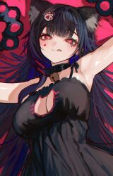 1girl :q absurdres akuma_nihmune animal_ears animal_hands bell black_dress black_hair breasts cat_cutout cat_ears cleavage cleavage_cutout closed_mouth clothing_cutout dress facial_mark gloves heart heart-shaped_pupils heart_facial_mark highres indie_virtual_youtuber jingle_bell large_breasts long_hair looking_at_viewer lying mole mole_under_eye naokomama neck_bell on_back paw_gloves paw_hair_ornament red_eyes smile symbol-shaped_pupils tongue tongue_out virtual_youtuber