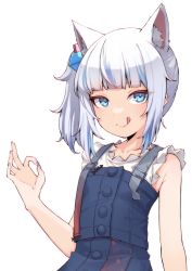 Rule 34 | 1girl, :q, animal ear fluff, animal ears, arm at side, blue eyes, blue hair, blue skirt, blunt bangs, cat ears, commentary, extra ears, fellatio gesture, gawr gura, gawr gura (casual), hand gesture, hand up, highres, hololive, hololive english, looking at viewer, multicolored hair, official alternate costume, ok sign, shirt, side ponytail, simple background, skirt, skirt set, sleeveless, sleeveless shirt, solo, streaked hair, tongue, tongue out, upper body, valefal coneri, virtual youtuber, white background, white hair, white shirt