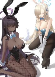 Rule 34 | 2girls, absurdres, asuna (blue archive), asuna (bunny) (blue archive), black hair, black leotard, black rabbit (animal), blue archive, blue bow, blue bowtie, blue eyes, blue halo, blue leotard, blush, bow, bowtie, breasts, closed mouth, dark skin, detached collar, elbow gloves, fishnet pantyhose, fishnets, gloves, grin, halo, highres, karin (blue archive), karin (bunny) (blue archive), large breasts, leotard, long hair, mole, mole on breast, multiple girls, nogong, pantyhose, playboy bunny, purple halo, smile, very long hair, white rabbit (animal), wrist cuffs, yellow eyes