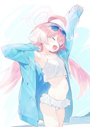 Rule 34 | 1girl, ahoge, aida (chinhung0612), arm up, armpits, belly, bikini, blue archive, blue jacket, blue sky, day, closed eyes, eyewear on head, halo, highres, hoshino (blue archive), hoshino (swimsuit) (blue archive), jacket, long sleeves, navel, ocean, open clothes, open jacket, open mouth, pink hair, sky, solo, sunglasses, swimsuit, waking up, white bikini, yawning