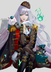 Rule 34 | 1girl, absurdres, aoandon, fire, gloves, green eyes, green lips, hat, highres, long hair, looking at viewer, military, military hat, military uniform, onmyoji, ukiyo aoandon (onmyoji), uniform, very long hair, white gloves