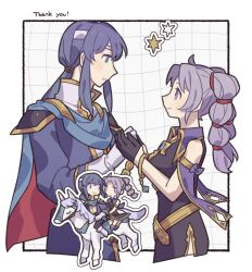 Rule 34 | 1boy, 1girl, armor, black gloves, blue cape, blue eyes, blue hair, border, cape, chibi, chibi inset, closed mouth, commentary request, eye contact, fire emblem, fire emblem: genealogy of the holy war, gloves, gold trim, grid background, haconeri, headband, holding hands, horse, long hair, looking at another, multi-tied hair, multiple views, nintendo, outside border, pauldrons, purple eyes, purple hair, red cape, seliph (fire emblem), shoulder armor, simple background, smile, star (symbol), thank you, tine (fire emblem), twintails, two-sided cape, two-sided fabric, two-tone cape, white background, white border, white headband