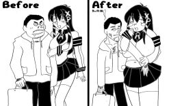 Rule 34 | 1boy, 1girl, beard, before and after, before and after, blush stickers, drooling, facial hair, greyscale, hair ornament, locked arms, monochrome, mustache, os-tan, pleated skirt, skirt, thighhighs, truth, xp-tan, zettai ryouiki