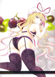 Rule 34 | 1girl, alternate breast size, alternate costume, ass, blonde hair, blush, bra, flat chest, food, from behind, fruit, garter straps, grapes, hat, highres, kneeling, lace, lace-trimmed bra, lace-trimmed legwear, lace-trimmed panties, lace trim, lingerie, long hair, looking at viewer, looking back, mob cap, nabeshima tetsuhiro, nail polish, oversized object, panties, purple bra, purple eyes, purple nails, purple panties, purple thighhighs, ribbon, scan, simple background, smile, solo, swimsuit, thigh strap, thighhighs, touhou, underwear, underwear only, very long hair, yakumo yukari