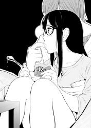 Rule 34 | 1boy, 1girl, black background, breasts, finger in mouth, finger sucking, food, glasses, grabbing, grabbing another&#039;s breast, greyscale, hetero, ice cream, indoors, long hair, monochrome, original, shiina from, short hair, sidelocks, simple background, sitting, solo focus, spoon
