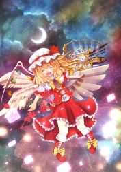 Rule 34 | 1girl, angel wings, ascot, bad id, bad pixiv id, blonde hair, blush, crescent moon, crystal, female focus, flandre scarlet, flower, food, fruit, gears, hat, hat ribbon, highres, instrument, keyboard (instrument), leaf, mechanical wings, metal wings, moon, night, night sky, open mouth, red eyes, ribbon, short hair, side ponytail, skirt, sky, smile, solo, test tube, touhou, uduki, vest, watch, white wings, wings