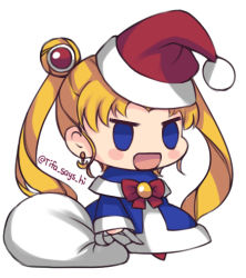 Rule 34 | 1girl, :d, bishoujo senshi sailor moon, blonde hair, blue capelet, blue coat, blue eyes, blush stickers, capelet, christmas, coat, commentary, fur-trimmed capelet, fur trim, hat, holding, holding sack, long hair, long sleeves, lowres, meme, open mouth, padoru (meme), red hat, sack, sailor moon, santa hat, simple background, smile, solo, standing, tifa amakura, tongue, twintails, twitter username, white background