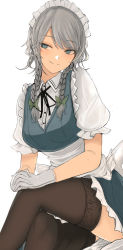 Rule 34 | 1girl, absurdres, apron, black thighhighs, blue dress, blue eyes, bow, breasts, closed mouth, crossed legs, dress, dutch angle, feet out of frame, gloves, green bow, hair bow, hair ribbon, hands on legs, highres, izayoi sakuya, light blush, maid apron, maid headdress, medium breasts, necro (nekurodayo), petticoat, puffy short sleeves, puffy sleeves, ribbon, short hair, short hair with long locks, short sleeves, silver hair, simple background, sitting, slit pupils, smile, solo, swept bangs, thighhighs, touhou, tress ribbon, waist apron, white apron, white background, white gloves, white headwear