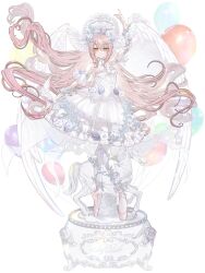 1girl angel_wings arm_up ballet_slippers balloon breasts brown_hair dairoku_ryouhei dress dress_flower flower hair_between_eyes head_wings highres iris_petal long_hair looking_at_viewer small_breasts tiptoes transparent_background very_long_hair white_dress white_flower white_wings wings ybs_pbw