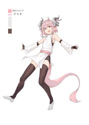 Rule 34 | 1girl, ahoge, amulet, black thighhighs, character name, color guide, commentary request, deel (rkeg), detached sleeves, dragon girl, dragon tail, fang, fang out, fingerless gloves, full body, gloves, highres, horn ornament, horns, male focus, open mouth, original, pink eyes, pink hair, shoes, short hair, simple background, solo, tail, text focus, thighhighs, tooth, translation request, white background, white footwear
