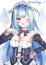 Rule 34 | 1girl, ;d, absurdres, apron, azur lane, bare shoulders, black bow, blue hair, blush, bow, bowtie, breasts, cleavage, commentary request, corset, detached collar, detached sleeves, frilled apron, frills, gem, hand on own hip, hand up, happy, highres, long hair, long sleeves, looking at viewer, maid headdress, makihige, medium breasts, neptune (azur lane), one eye closed, open mouth, red gemstone, shell hair ornament, smile, solo, very long hair, yellow eyes