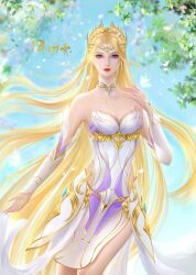 Rule 34 | 1girl, absurdres, artist request, bare shoulders, blonde hair, blue eyes, blue sky, bug, butterfly, clothing cutout, detached collar, detached sleeves, douluo dalu, dress, falling petals, hair ornament, hand up, highres, insect, long hair, looking at viewer, parted lips, petals, qian renxue (douluo dalu), second-party source, side cutout, sky, solo, white dress