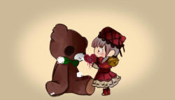 Rule 34 | 1girl, bell, bow, brown background, from side, full body, happy teddy bear, hat, heart, laetitia (project moon), lobotomy corporation, project moon, red hat, simple background, standing, stuffed animal, stuffed toy, tagme, teddy bear