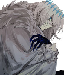 Rule 34 | 1boy, blue eyes, claws, cloak, commentary request, crown, empty eyes, enpera, fate/grand order, fate (series), frilled sleeves, frills, from side, fur-trimmed cloak, fur trim, head down, highres, holding own arm, hugging own legs, long sleeves, looking at viewer, looking to the side, medium hair, oberon (fate), oberon (third ascension) (fate), pale skin, profile, robe, scarf, shirt, simple background, slit pupils, staring, syakegaumai, white background, white cloak, white hair, white robe, white shirt, wide-eyed