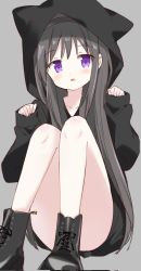 Rule 34 | 1girl, akemi homura, black hair, blush, highres, knees up, long hair, mahou shoujo madoka magica, mahou shoujo madoka magica (anime), purple eyes, solo, tsubaki (tatajd)