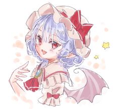 Rule 34 | 1girl, bat wings, blue hair, bow, brooch, fang, frills, hand up, hat, hat bow, jewelry, looking at viewer, maru usagi, mob cap, open mouth, pink hat, pink shirt, pointy ears, red bow, red eyes, red neckwear, remilia scarlet, shirt, short hair, smile, solo, star (symbol), touhou, upper body, wings