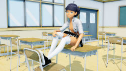 Rule 34 | 1girl, 3d, ahoge, alternate costume, blue eyes, blunt bangs, boruto: naruto next generations, breasts, classroom, desk, facial mark, female focus, full body, grin, highres, indoors, looking at viewer, mikumikudance (medium), naruto (series), on desk, ponchi, school, shoes, short hair, short sleeves, sitting, on desk, skirt, small breasts, smile, solo, source request, thighhighs, uzumaki himawari, whisker markings, window