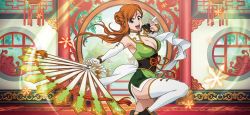 Rule 34 | 1girl, bleach, bleach: brave souls, breasts, chinese clothes, cleavage, cleavage cutout, clothing cutout, curvy, double bun, gloves, hair bun, hand fan, holding, holding fan, inoue orihime, jumping, large breasts, lips, long hair, looking at viewer, official art, open mouth, shiny skin, skirt, smile, solo, thighhighs, white gloves, white thighhighs