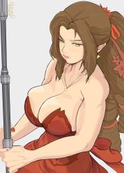 Rule 34 | 1girl, aerith gainsborough, breasts, brown hair, cleavage, dress, final fantasy, final fantasy vii, green eyes, highres, jewelry, large breasts, long hair, nail polish, necklace, official alternate costume, ponytail, red dress, red nails, square enix, staff, wall market, yoracrab