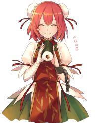 Rule 34 | 1girl, bandaged arm, bandages, breasts, bun cover, chain, chorefuji, closed eyes, closed mouth, cuffs, double bun, food, food on face, hair between eyes, hair bun, holding, holding food, ibaraki kasen, light smile, orange hair, puffy sleeves, red ribbon, ribbon, rice, rice on face, shackles, short hair, simple background, solo, sushi, tabard, touhou, wheat print, white background