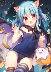 Rule 34 | 1girl, animal ear fluff, animal ears, bare arms, black bow, black cape, black footwear, blue hair, blue one-piece swimsuit, blush, bow, breasts, cape, checkerboard cookie, claw pose, commentary request, cookie, covered navel, fang, food, gluteal fold, hair between eyes, hair ornament, hair ribbon, hairclip, hanamiya natsuka, hands up, heart, long hair, looking at viewer, old school swimsuit, one-piece swimsuit, open mouth, original, purple cape, purple ribbon, red eyes, ribbon, school swimsuit, shoes, small breasts, solo, standing, standing on one leg, striped clothes, striped thighhighs, swimsuit, tail, thigh gap, thighhighs, thumbprint cookie, two side up, wolf ears, wolf girl, wolf tail