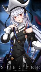 Rule 34 | 1girl, arknights, artist name, belt, black dress, blush, detached sleeves, dress, grey hair, hat, highres, long hair, looking at viewer, red eyes, roriworks, smile, solo, specter (arknights), specter the unchained (arknights), straight hair, two-tone dress, weapon