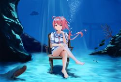 Rule 34 | 10s, 1girl, ahoge, armchair, barefoot, blush, bubble, chair, dominico, fish, hair ribbon, i-168 (kancolle), kalma538, kantai collection, crossed legs, light rays, long hair, looking at viewer, one-piece swimsuit, personification, ponytail, red eyes, red hair, ribbon, school swimsuit, school uniform, serafuku, sitting, solo, sunbeam, sunlight, swimsuit, swimsuit under clothes, torii, underwater, wet, wet clothes