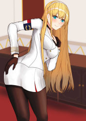 Rule 34 | 1girl, absurdres, azur lane, bent over, black choker, black gloves, black pantyhose, blonde hair, blue eyes, blush, choker, closed mouth, cross, cross necklace, feet out of frame, gloves, hairband, hand on breast, hand on own ass, highres, jewelry, kalinin4410, long hair, looking back, necklace, north carolina (azur lane), pantyhose, simple background, smile, solo, standing, uniform, white hairband