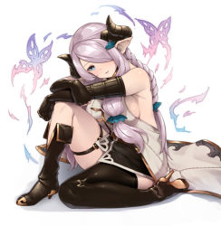 Rule 34 | 10s, 1girl, asymmetrical footwear, asymmetrical legwear, bare shoulders, black footwear, black gloves, black thighhighs, blue eyes, boots, braid, breasts, butterfly hair ornament, demon horns, draph, elbow gloves, female focus, fingerless gloves, full body, gloves, granblue fantasy, hair ornament, hair over one eye, highres, horns, knee boots, large breasts, light purple hair, long hair, mismatched footwear, narmaya (granblue fantasy), neo-masterpeacer, one eye covered, pointy ears, sideboob, single thighhigh, solo, thigh boots, thigh strap, thighhighs, uneven legwear, white background