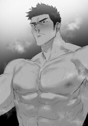 Rule 34 | 1boy, abs, bara, blush, closed mouth, facial hair, greyscale, haiki (tegusu), highres, large pectorals, male focus, monochrome, muscular, muscular male, nipples, original, pectorals, short hair, sideburns, sideburns stubble, solo, stubble, sweat, upper body
