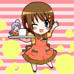 Rule 34 | 00s, 2girls, :d, ;d, ^ ^, ahoge, arm up, blush, blush stickers, chibi, closed eyes, cup, dress, hair ornament, hairclip, kerchief, light purple hair, looking back, lyrical nanoha, mahou shoujo lyrical nanoha, mahou shoujo lyrical nanoha strikers, mini person, minigirl, multiple girls, one eye closed, open mouth, puffy short sleeves, puffy sleeves, red dress, reinforce zwei, saki chisuzu, short hair, short sleeves, smile, standing, tray, waitress, wink, yagami hayate