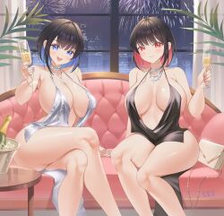 Rule 34 | 2girls, alcohol, bag, black dress, black survival, blue eyes, blue hair, blush, breasts, champagne, champagne bottle, choker, cleavage, couch, crossed legs, debi (black survival), dress, eternal return: black survival, evening gown, fireworks, formal, handbag, highres, jewelry, large breasts, looking at viewer, marlene (black survival), multicolored hair, multiple girls, no bra, no panties, open mouth, red eyes, red hair, short hair, sideboob, sitting, skyline, smile, white dress, zzo (chorizzzzo)