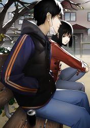 Rule 34 | 1boy, 1girl, bench, black hair, buckle, can, denim, drink can, hand in pocket, hood, hoodie, house, jacket, jeans, leaf, mask, mask pull, mi8pq, mouth mask, nakahara misaki, nhk ni youkoso!, pants, park, park bench, red jacket, satou tatsuhiro, short hair, sitting, soda can, surgical mask, tree