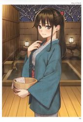 Rule 34 | 1girl, absurdres, artist name, bare tree, blush, border, brown hair, from side, grey kimono, hand up, haori, highres, holding, homunculus (alchemynote), japanese clothes, kimono, lantern, long hair, looking at viewer, looking to the side, obi, onsen, parted lips, ponytail, rock, sash, scan, smile, standing, toranoana, towel, tree, water, white border, wooden floor, wooden wall
