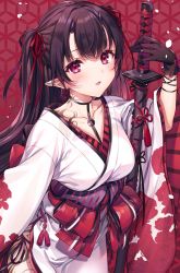 Rule 34 | 1girl, black gloves, black hair, breasts, collarbone, commentary request, cowboy shot, crescent, flower knot, gloves, hair ribbon, highres, horns, japanese clothes, katana, kimono, komeshiro kasu, long hair, long sleeves, looking at viewer, medium breasts, melonbooks, obi, oni horns, original, parted lips, pointy ears, purple eyes, red ribbon, ribbon, sash, sheath, sheathed, smile, solo, striped, sword, tassel, tattoo, two side up, very long hair, weapon, white kimono, wide sleeves