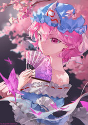 Rule 34 | 1girl, absurdres, blue hat, blue kimono, breasts, bug, butterfly, cherry blossoms, cleavage, closed mouth, collarbone, commentary request, cropped torso, expressionless, frilled kimono, frills, hand fan, hat, highres, holding, holding fan, insect, japanese clothes, kimono, lizhi004717, long sleeves, off shoulder, pink butterfly, pink eyes, pink hair, saigyouji yuyuko, short hair, solo, touhou, triangular headpiece, upper body, veil