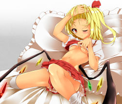 Rule 34 | 1girl, ascot, bed, blonde hair, blush, breasts, clothes lift, flandre scarlet, frilled pillow, frills, kneehighs, navel, one eye closed, pillow, red eyes, santa (kaisou hikuutei), shirt lift, short hair, side ponytail, skirt, skirt set, small breasts, smile, socks, solo, touhou, underboob, white socks, wings, wink