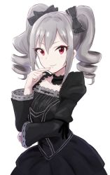 10s 1girl dress drill_hair female_focus gothic_lolita idolmaster idolmaster_cinderella_girls kanzaki_ranko keikesu lolita_fashion red_eyes silver_hair solo twin_drills twintails white_background